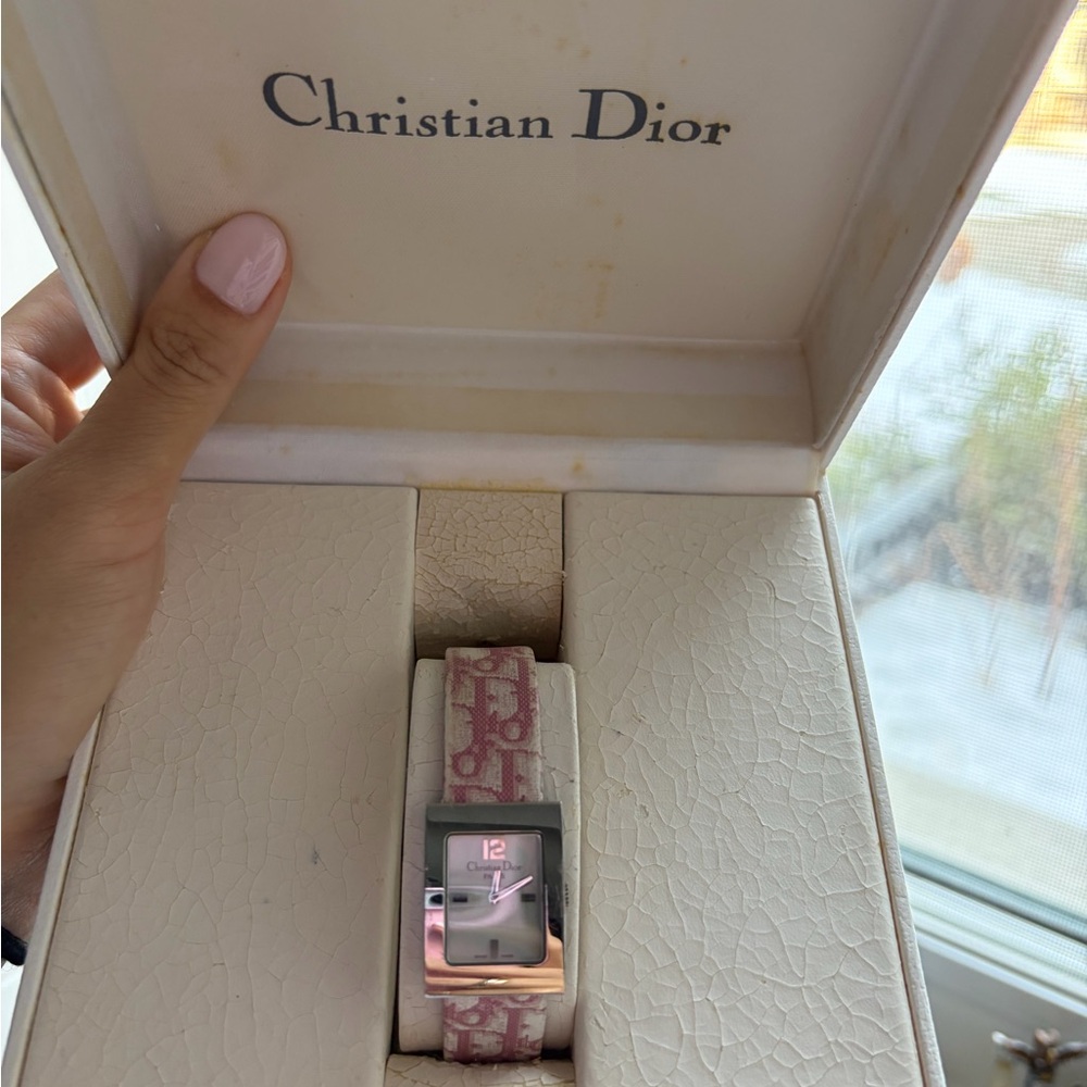 VINTAGE CHRISTIAN DIOR WATCH WITH PINK OBLIQUE LOGO LEATHER STRAP